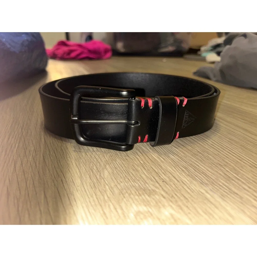 NWT GUESS Black Leather Belt Red Stitching Matte Buckle Mens XL Essential Grudge